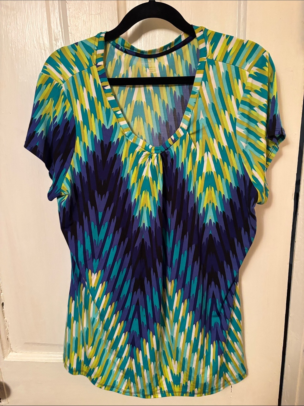 Worthington V-Neck Short Sleeve Top in Teal, Navy & Yellow